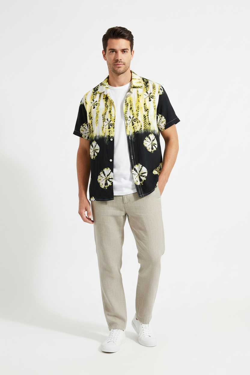 Man Wearing Tie-Dye Camp Collar Shirt