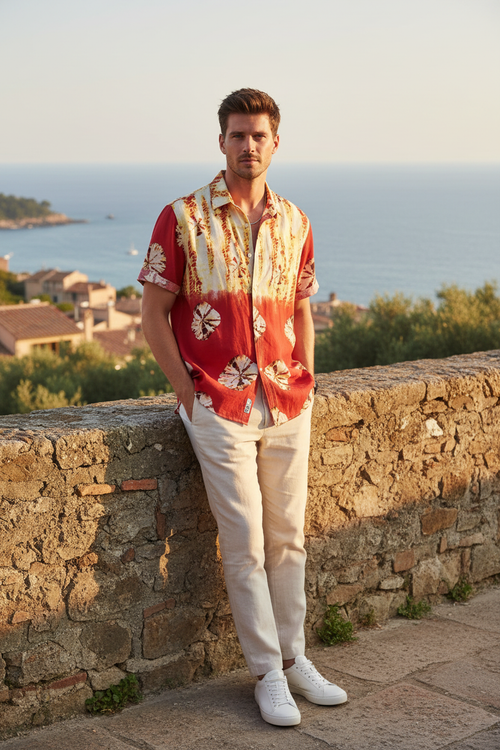 Man wearing tie-dye shirt