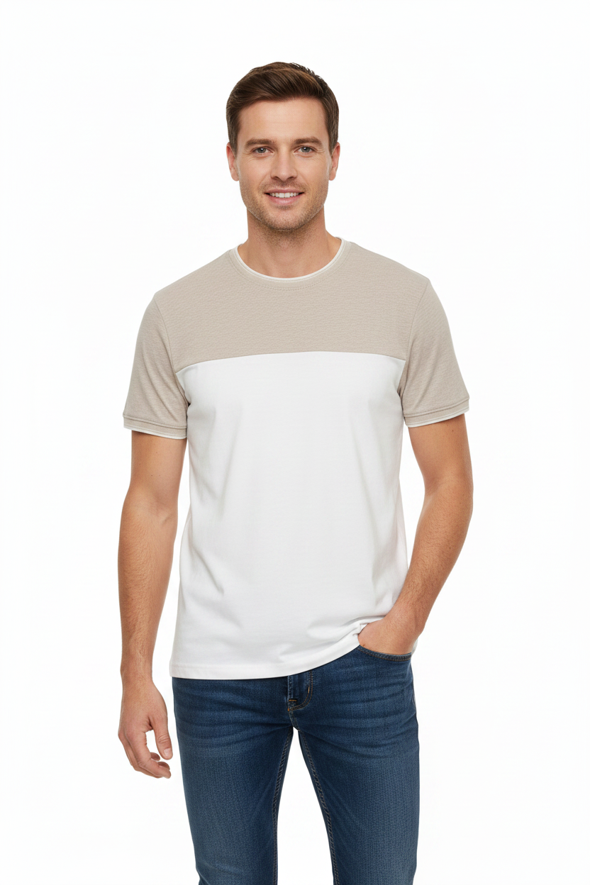 Man wearing two-tone t-shirt