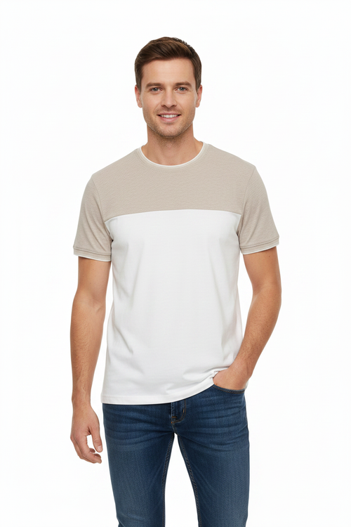 Man wearing two-tone t-shirt