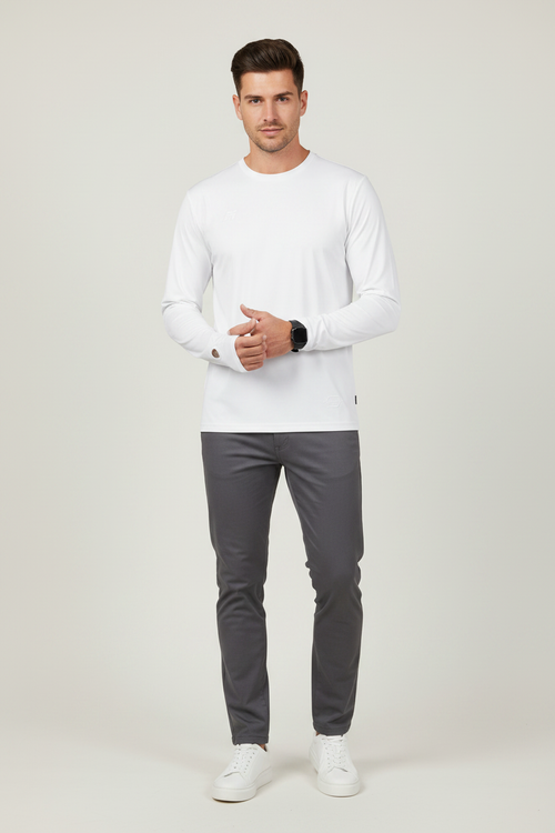 Man Wearing White Long-Sleeve
