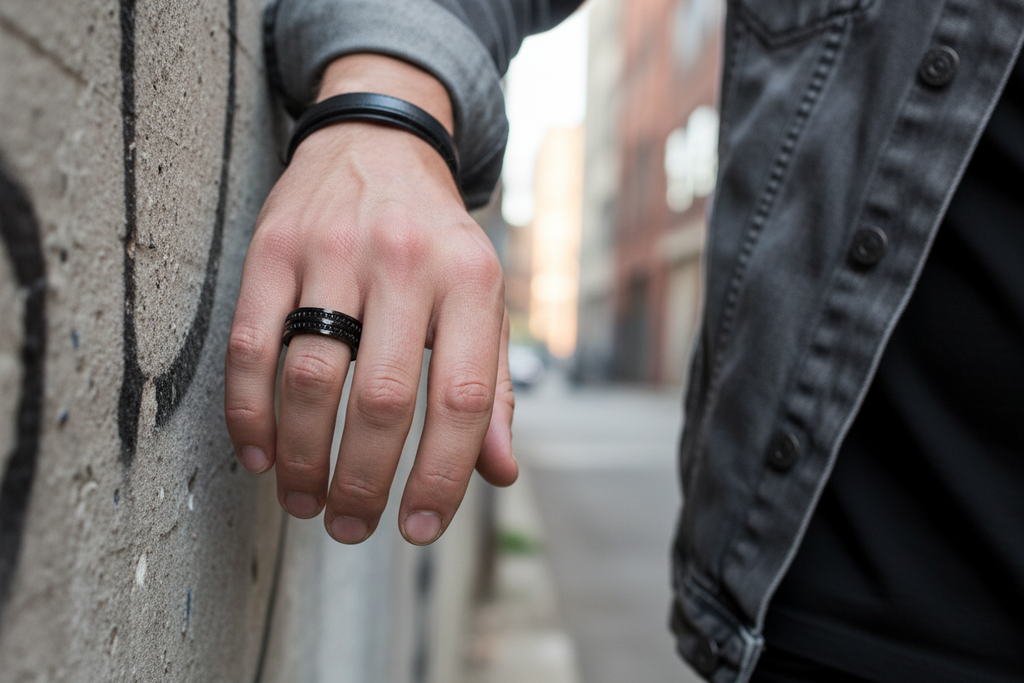Men wearing black ring close-up