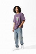 Men wearing purple graphic t-shirt