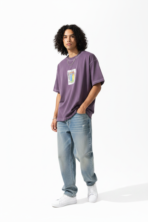 Men wearing purple graphic t-shirt