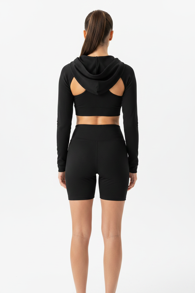 Model – Black Ribbed Shorts Back