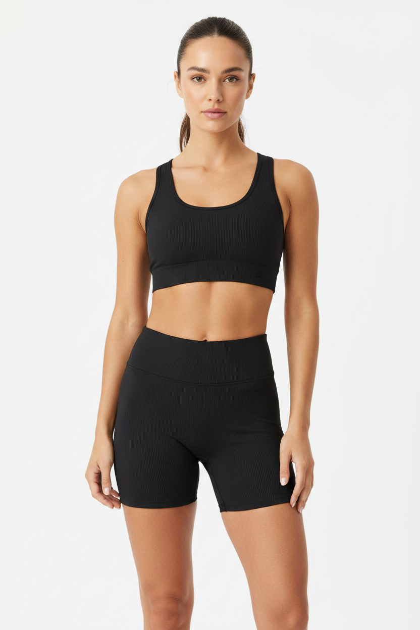 Model – Black Ribbed Shorts Front