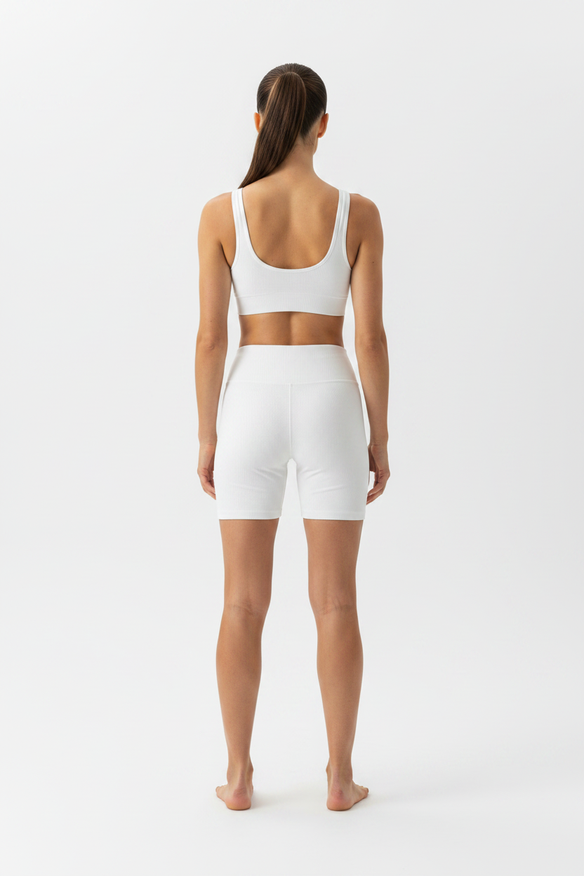 Model – White Ribbed Shorts Back