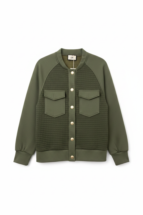 Olive Green Quilted Bomber Jacket - Front