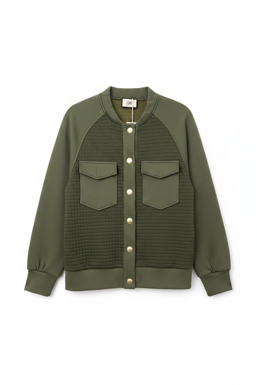 Olive Green Quilted Bomber Jacket - Front