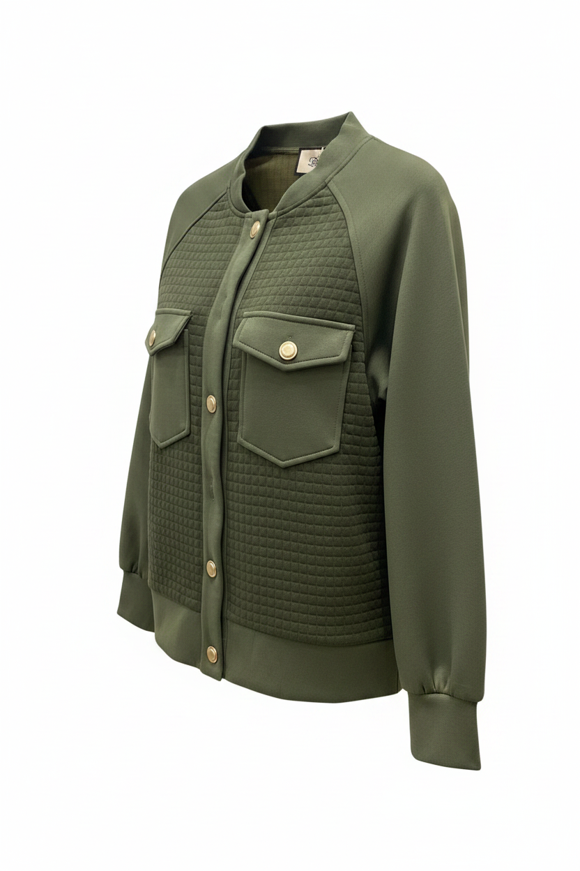Olive Green Quilted Bomber Jacket - Side