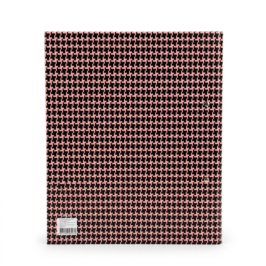 Pink-and-black patterned binder on a white studio background