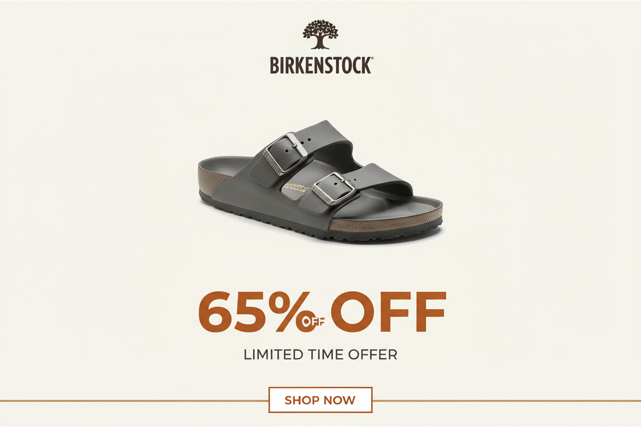 put birkenstock logo and a birkenstock slide from the products available in our shopify 
and write 65% OFF