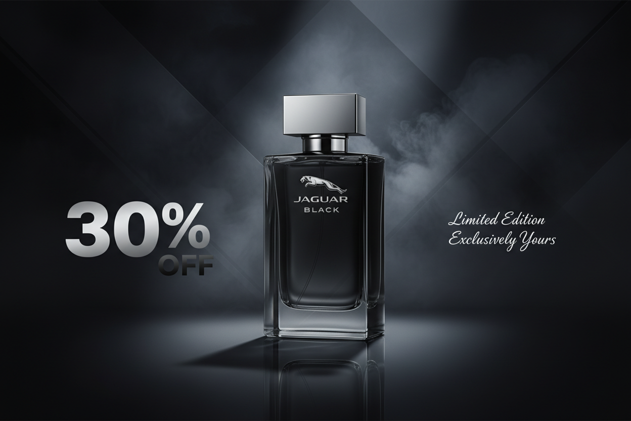 put jaguar logo and jaguar black perfume photo and write 30% off