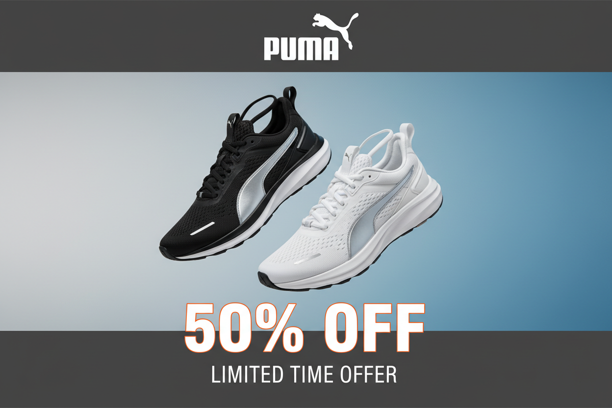 Put puma logo and photo of puma shoes and write 50% OFF