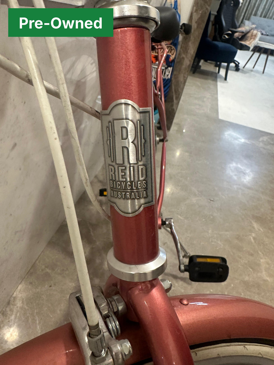 Reid Bicycles Australia head badge on the bike frame