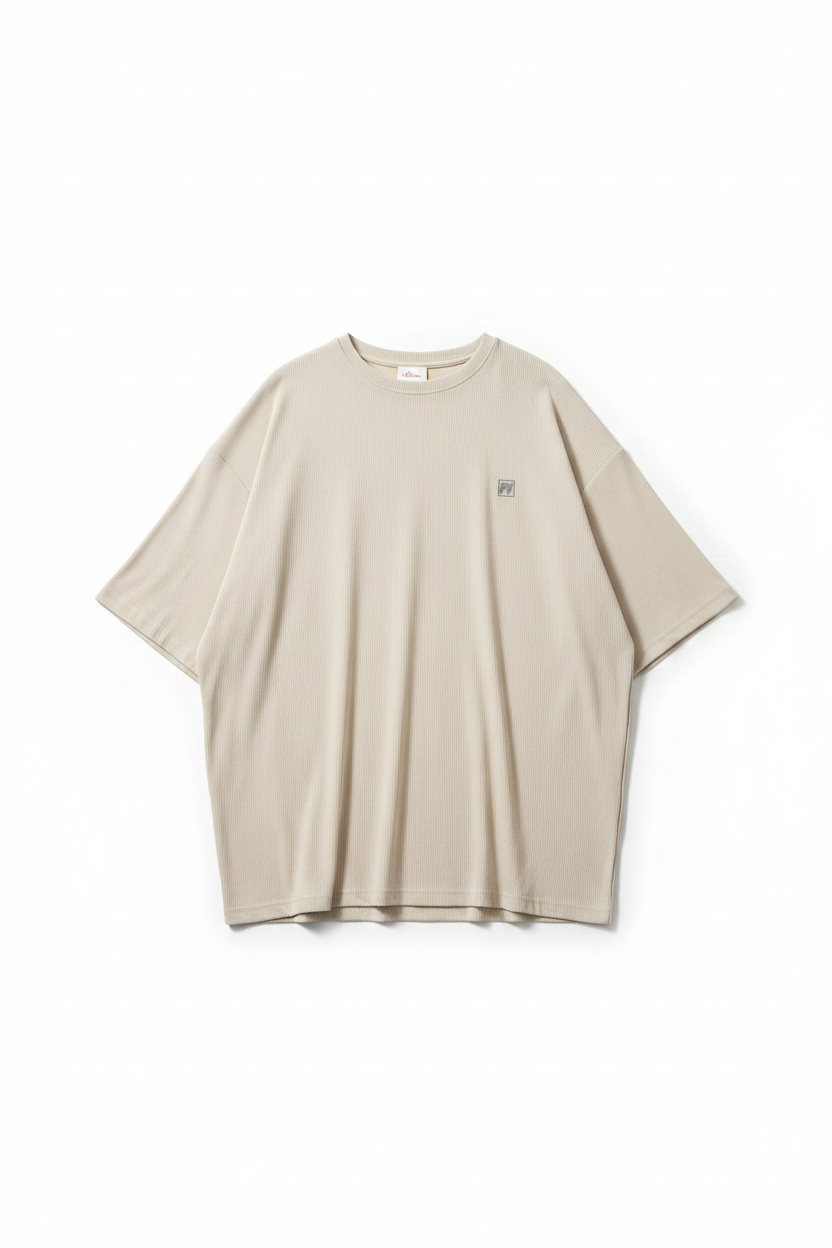 Ribbed Beige Tee - Square Logo