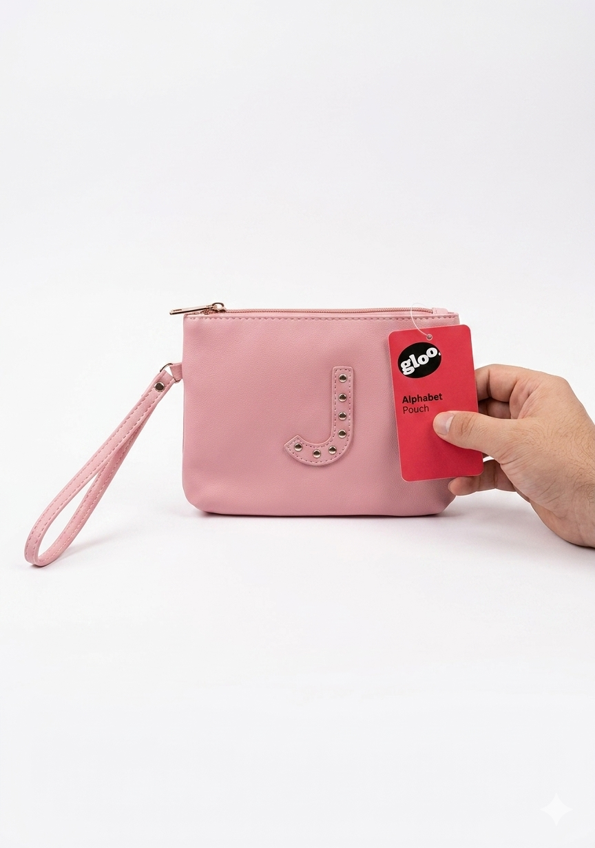 Gloo Studded Alphabet J Pouch with Wrist Tag and Zipper Closure