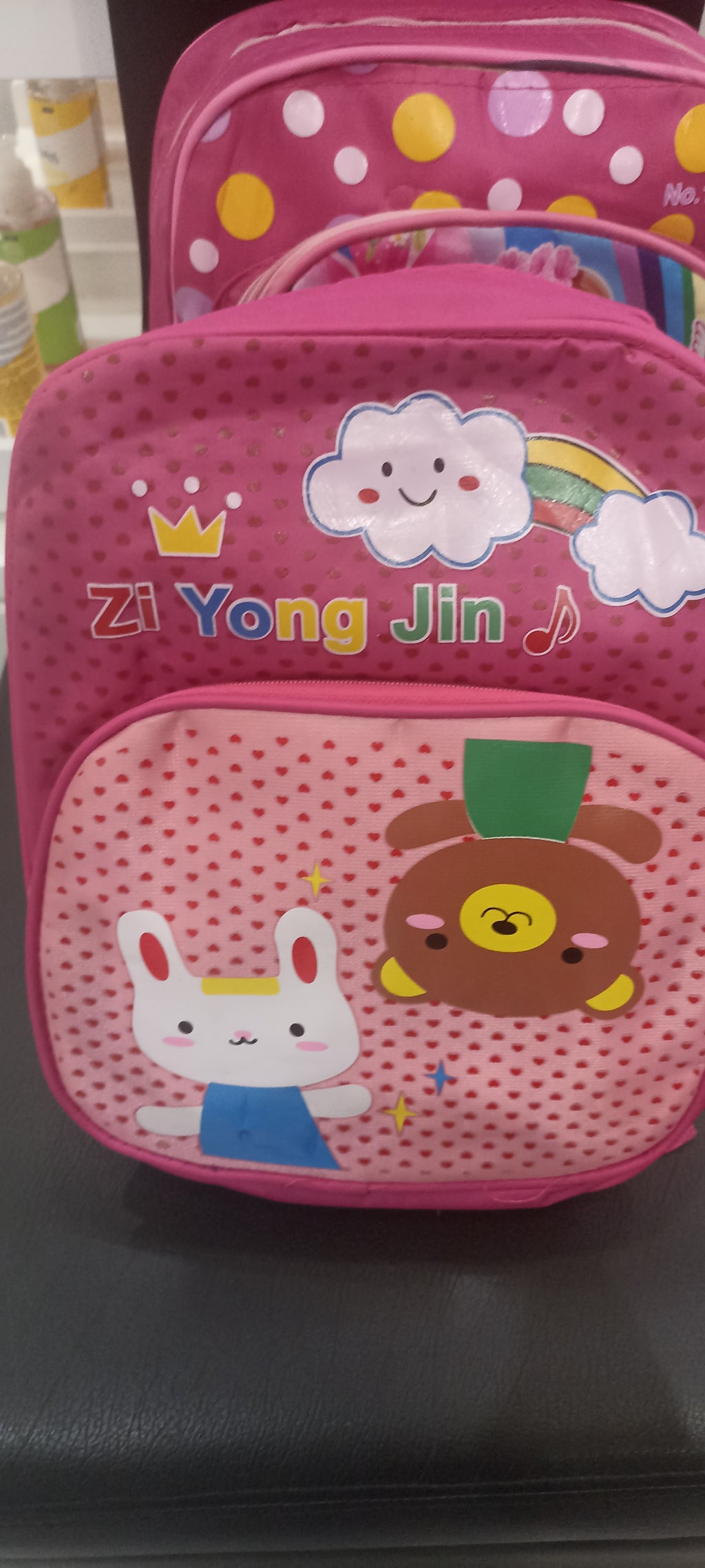 Pink kids backpack.
