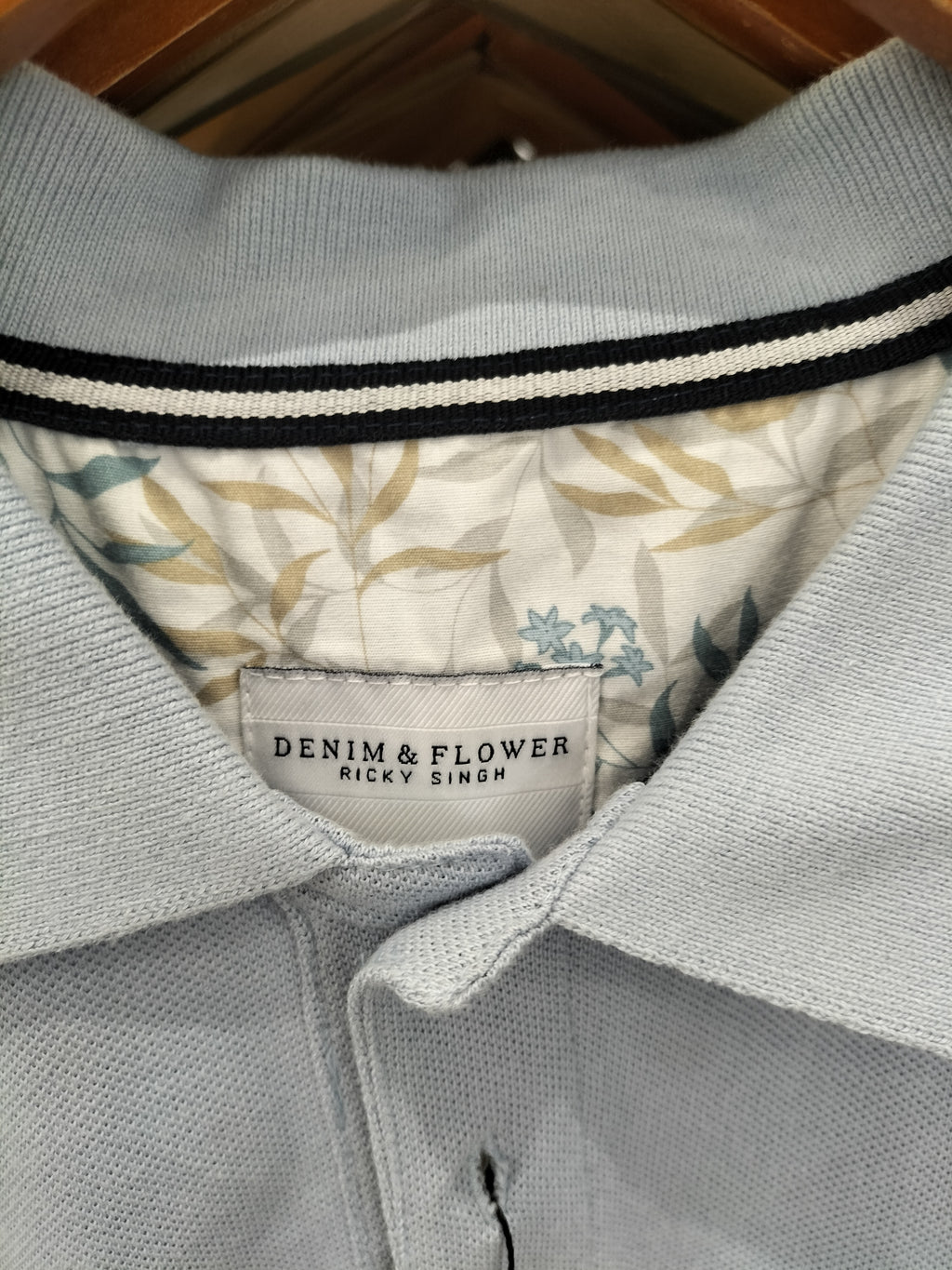 Denim & Flower Ricky Singh Light Blue Polo T-Shirt with White Floral Interior