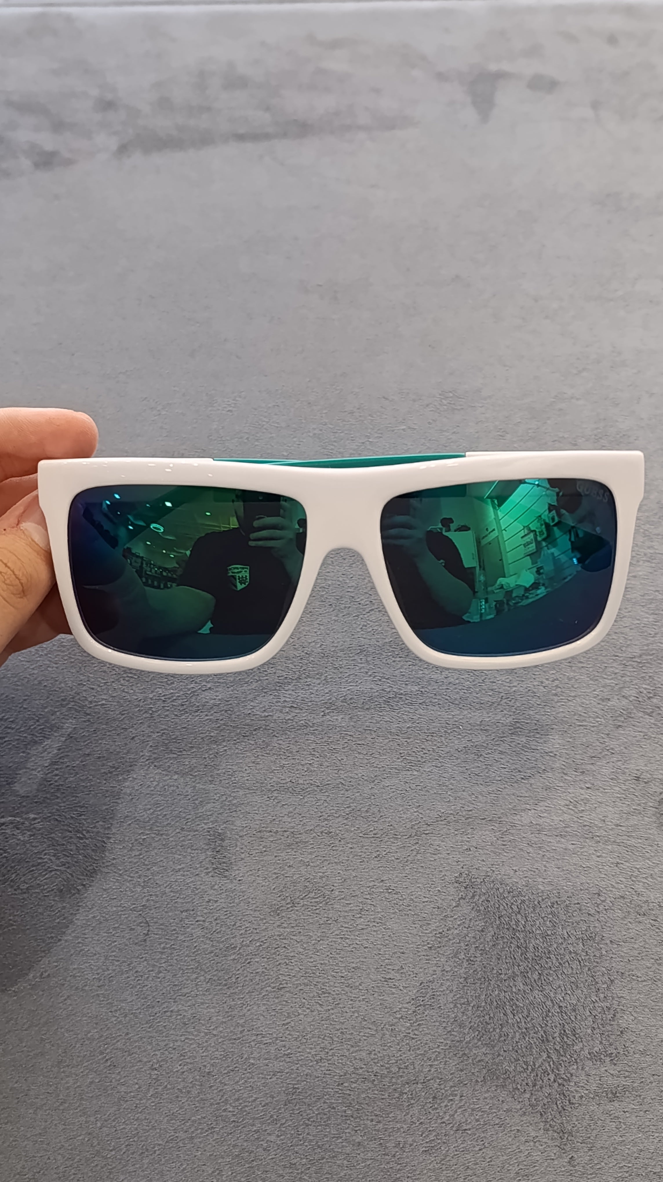 GUESS White & Teal Sport Sunglasses with Green Lenses