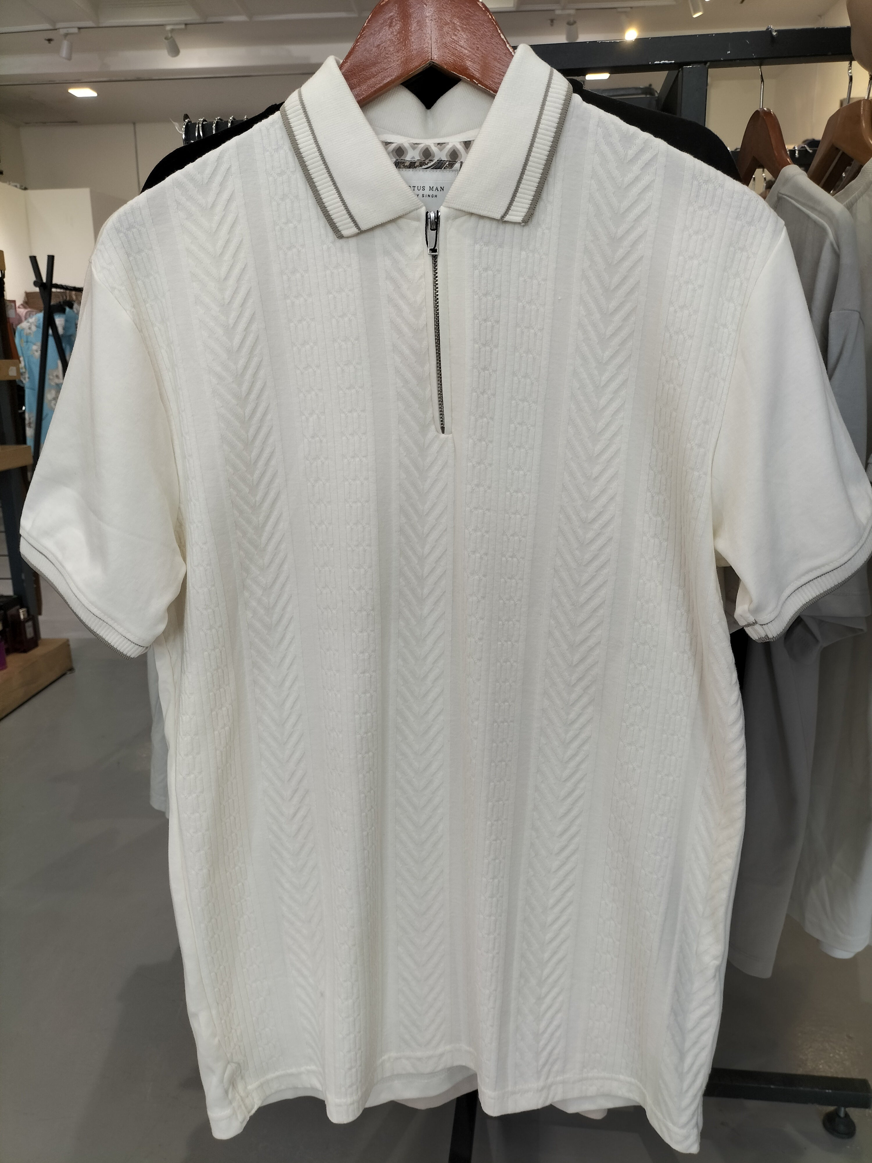 Cactus Man Ricky Singh White Polo T-Shirt with Line Textures