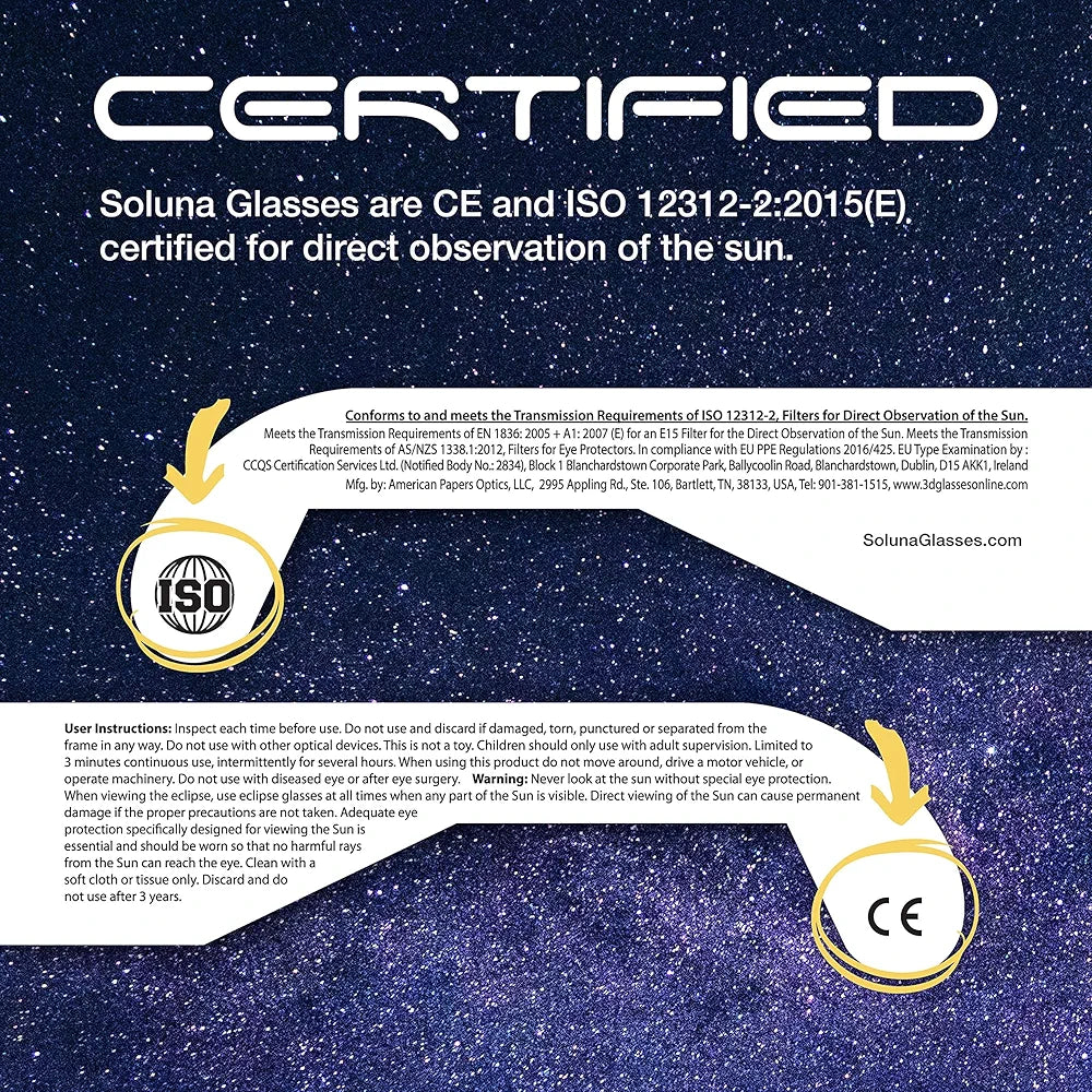 Soluna Solar Eclipse Glasses (2 Pack) CE and ISO Certified Safe Shades for Direct Sun Viewing