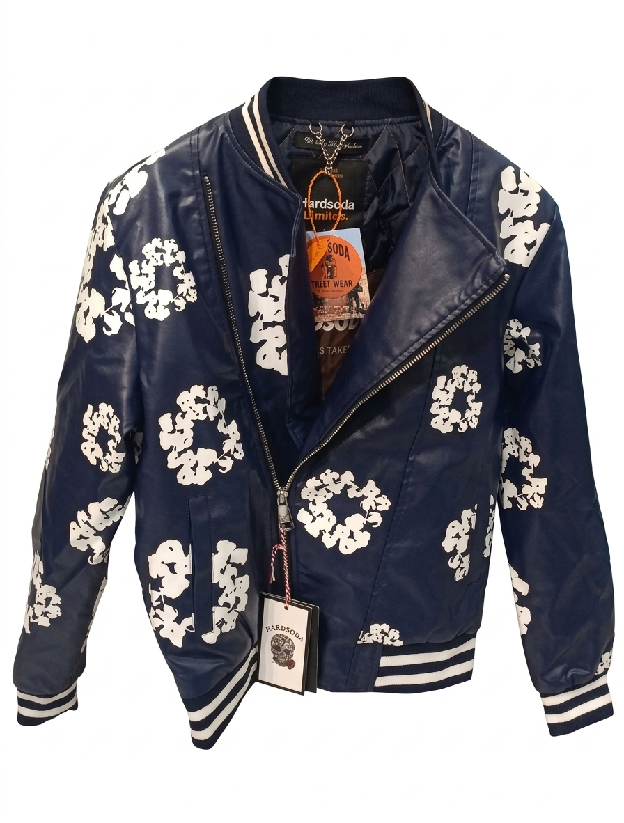 Hardsoda Leather Bomber Jacket  (Navy Blue)