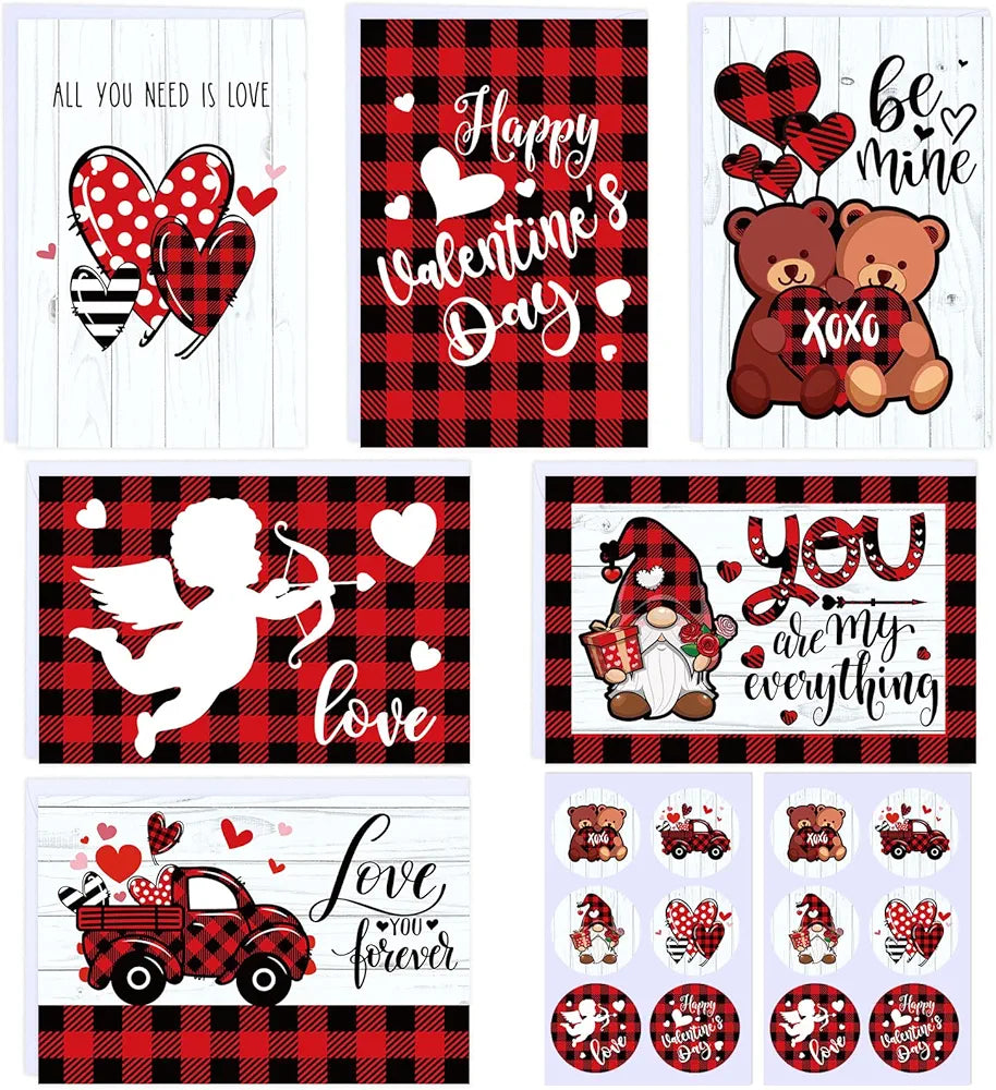 Whaline 30 Pack Valentine's Day Cards Kit - Red Black Plaid Greeting Cards - (WH6422)