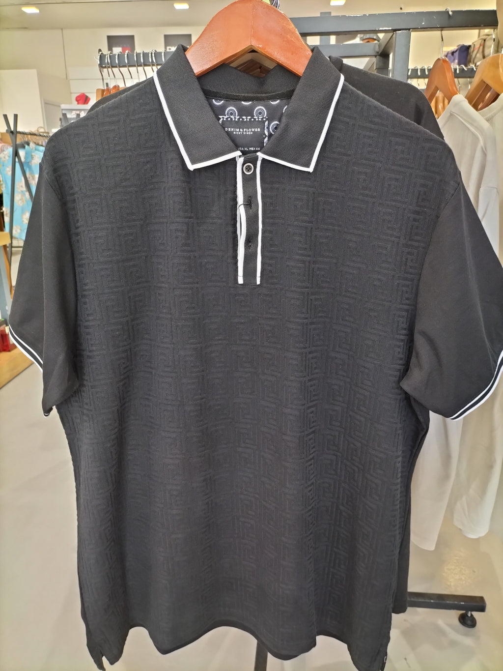 Denim & Flower Ricky Singh Black Polo T-Shirt with Angled Line Textures