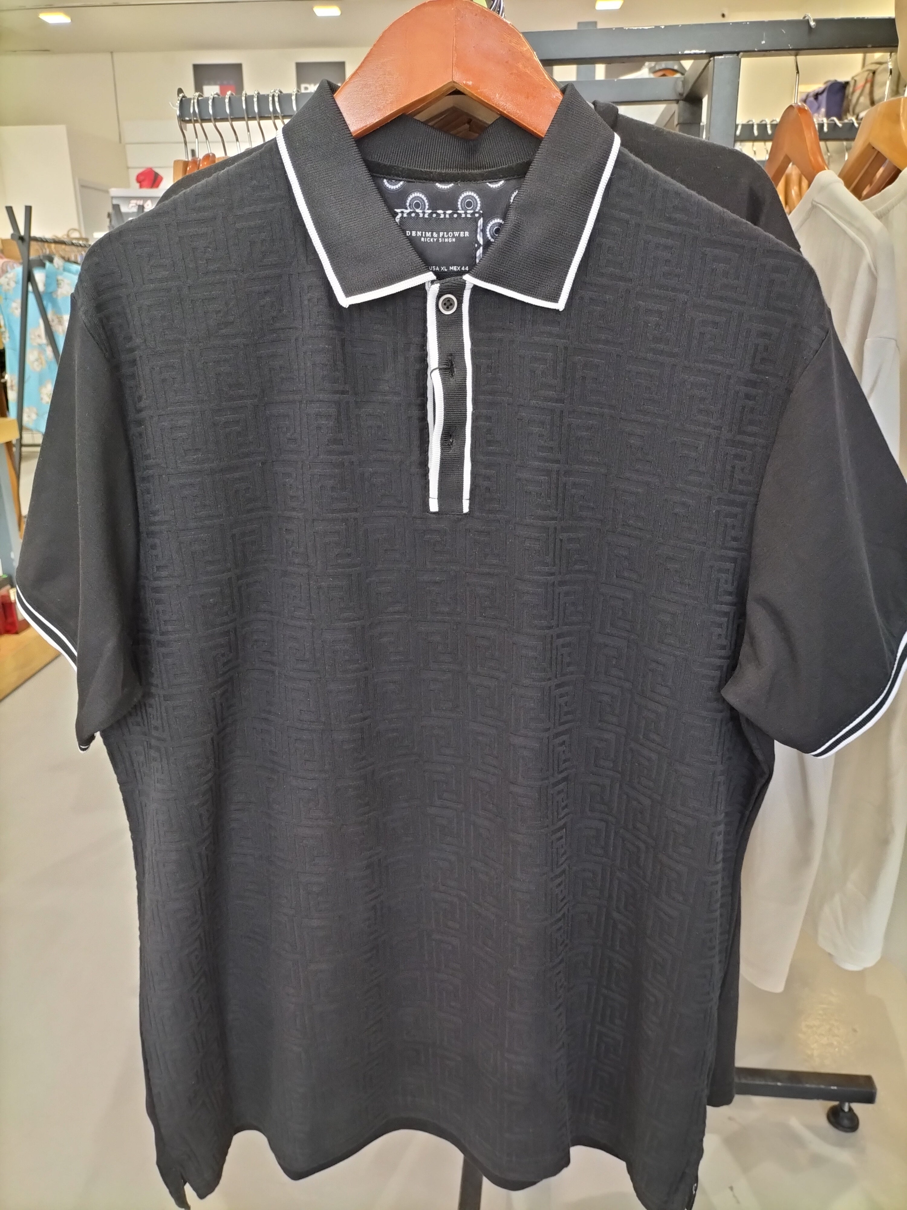Denim & Flower Ricky Singh Black Polo T-Shirt with Angled Line Textures