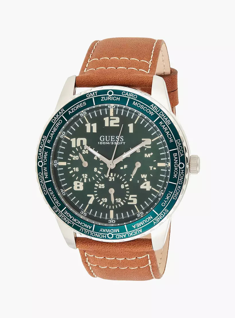Men's GUESS World Time Watch with Brown Leather Strap