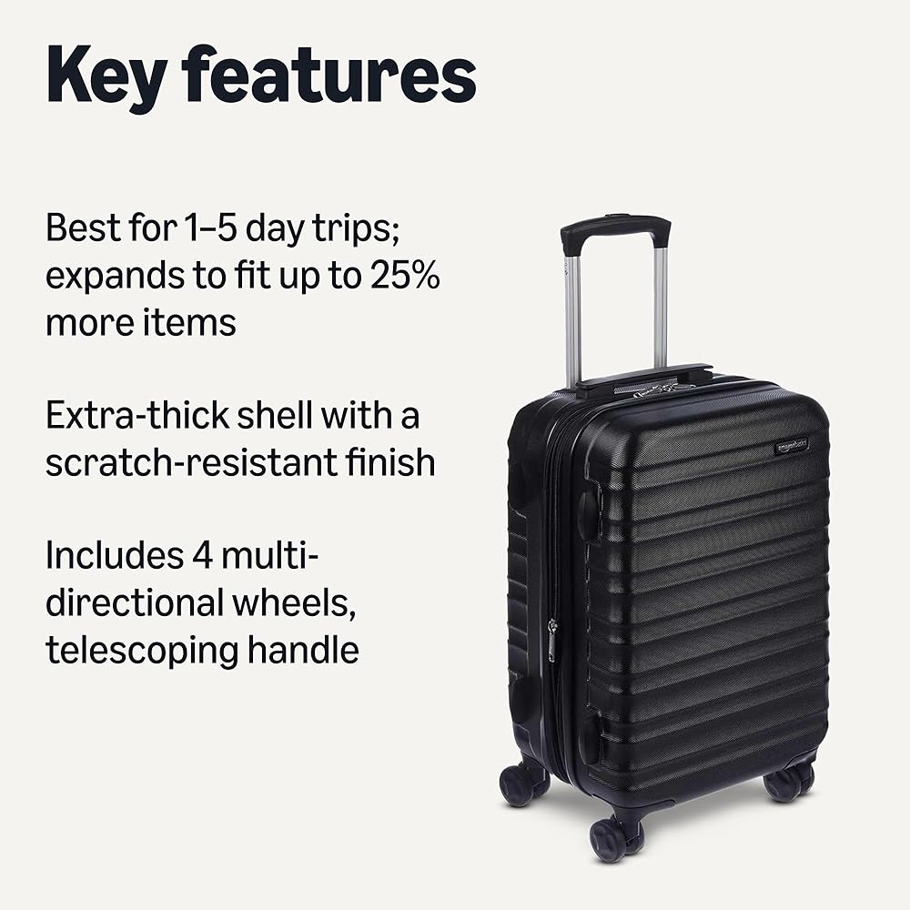 Amazon Basics Hardside Spinner Suitcase, Material ABS, Black Trolley Luggage