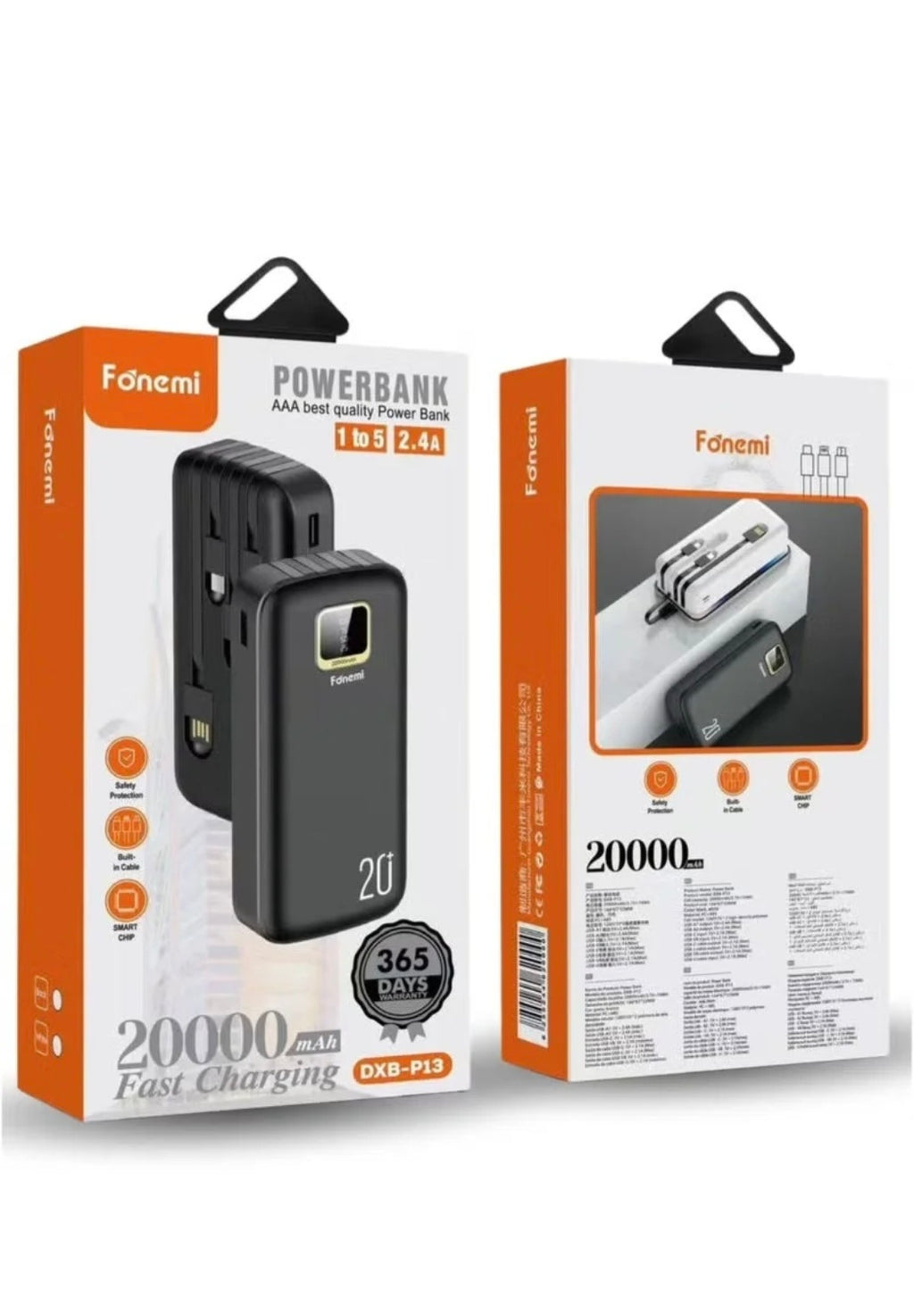 Fonemi 20000mAh Power Bank 22.5W Fast Charging, Built-in 4 Cables (Type-C, Lightning, Micro USB, USB), Digital LED Display, Smart Protection Chip, Dual Input & Multiple Output Portable Charger with Handle, Multi-Device Charging for Outdoor, Home & Office,