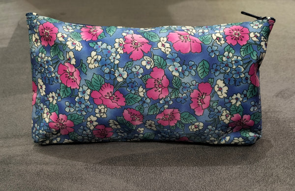 Zippered Blue Cosmetic Pouch with Floral Patterns