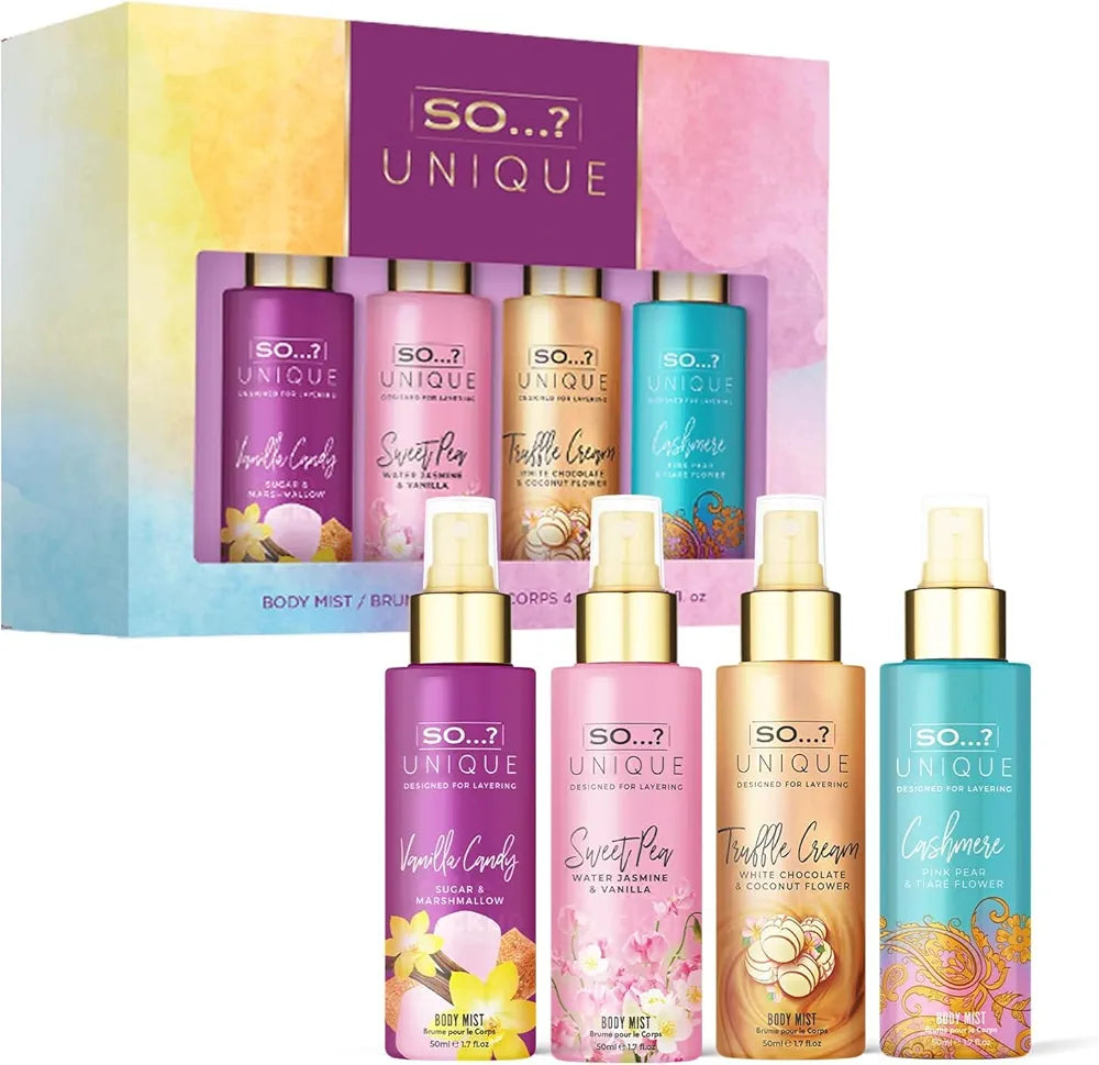 So…? Unique Mini Mist Womens Gift Set With Vanilla Candy, Sweet Pea, Truffle Cream, & Cashmere, Body Mist Fragrance Spray Set 4 X 50 ml
