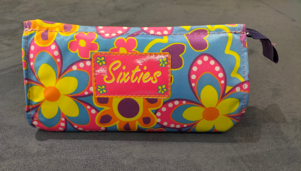 Zippered Pink and Light Blue Cosmetic Pouch with "Sixties" Text and Floral Patterns