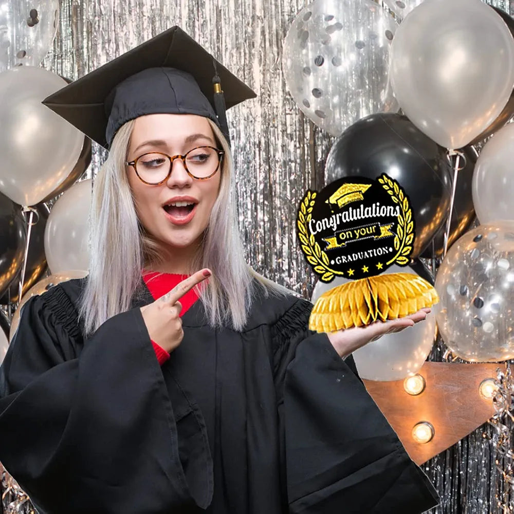 9Pcs 2024 Graduation Party Decorations - Black and Gold Honeycomb Table Centerpieces