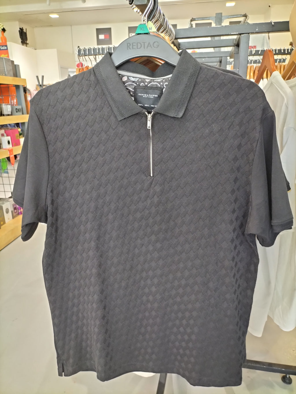 Denim & Flower Ricky Singh Black Polo T-Shirt with Diagonal Rectangle Textures