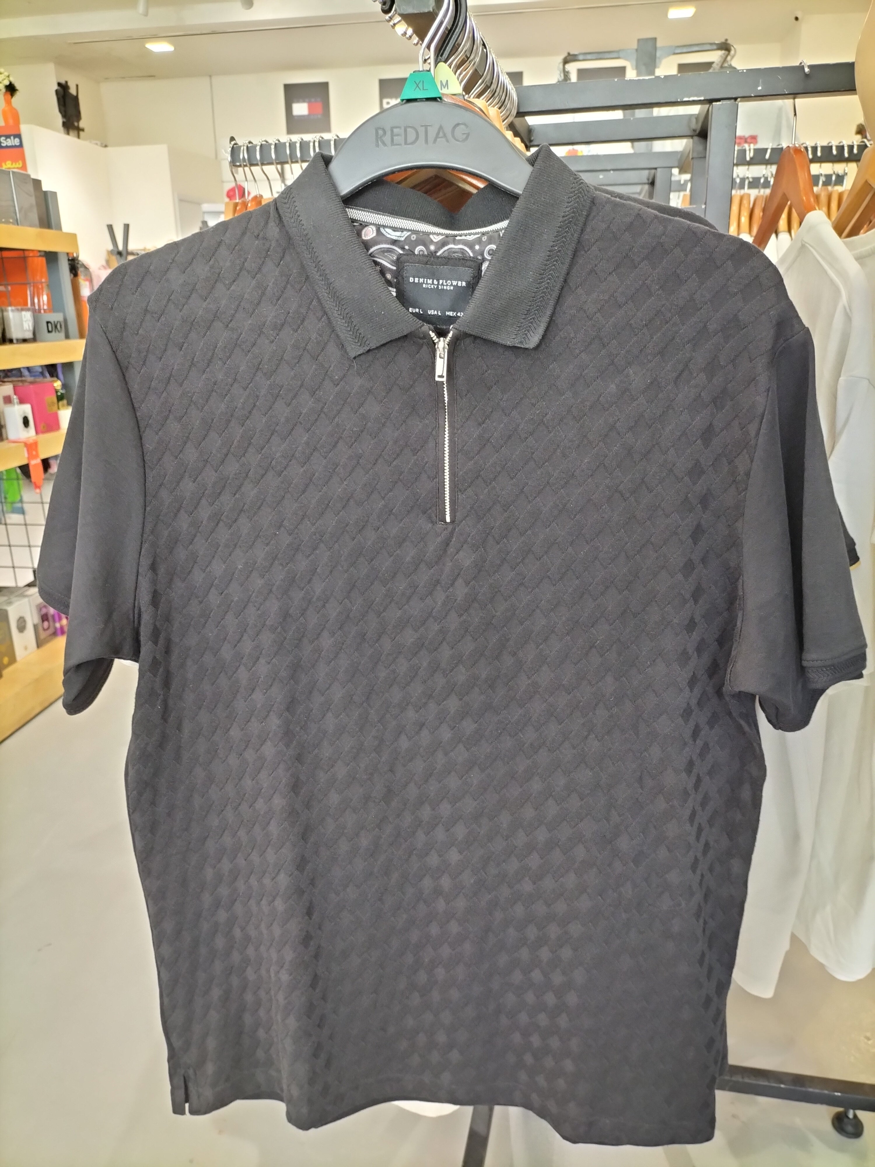 Denim & Flower Ricky Singh Black Polo T-Shirt with Diagonal Rectangle Textures