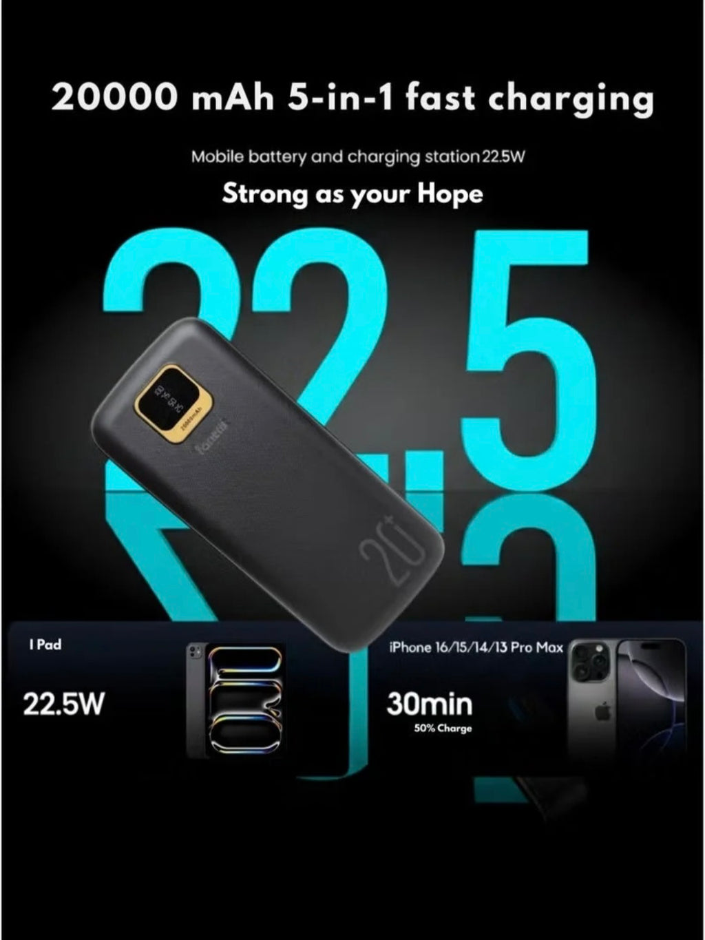 Fonemi 20000mAh Power Bank 22.5W Fast Charging, Built-in 4 Cables (Type-C, Lightning, Micro USB, USB), Digital LED Display, Smart Protection Chip, Dual Input & Multiple Output Portable Charger with Handle, Multi-Device Charging for Outdoor, Home & Office,