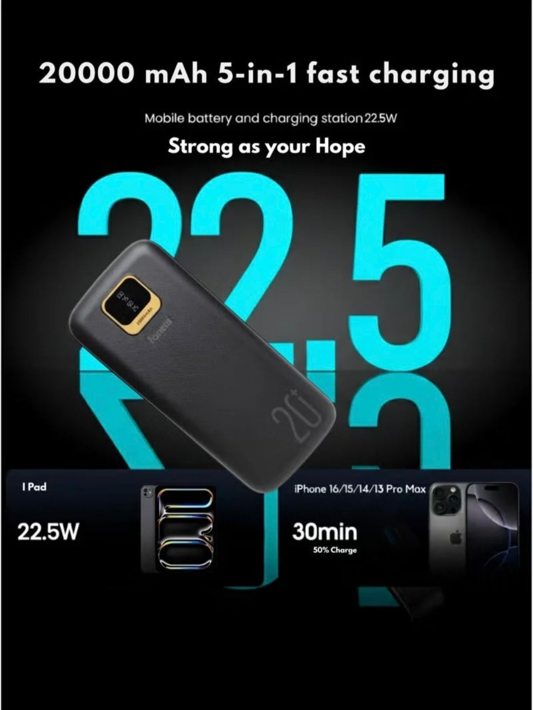 Fonemi 20000mAh Power Bank 22.5W Fast Charging, Built-in 4 Cables (Type-C, Lightning, Micro USB, USB), Digital LED Display, Smart Protection Chip, Dual Input & Multiple Output Portable Charger with Handle, Multi-Device Charging for Outdoor, Home & Office,