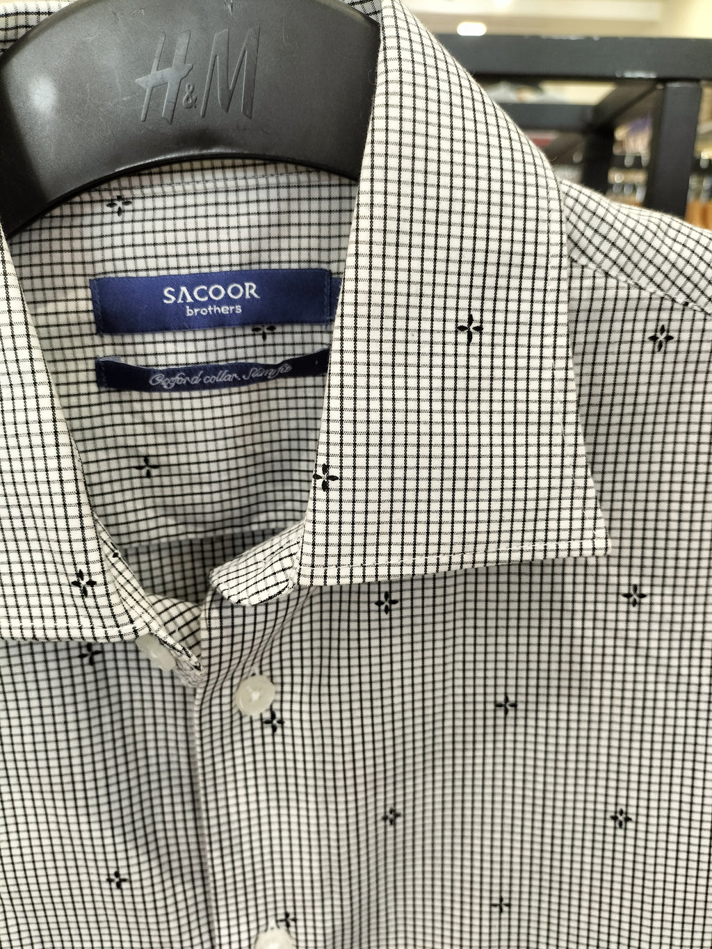 Sacoor Brothers Gray Slim Fit Dress Shirt with Grid Patterns and Flower Dots