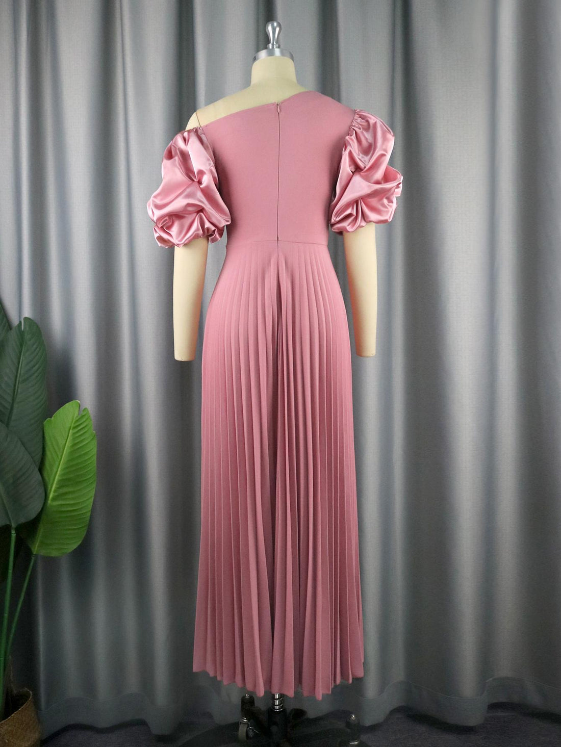 AOMEI Pink Pleated Dresses Short Puff Sleeve A Line Floor-Length Outfits