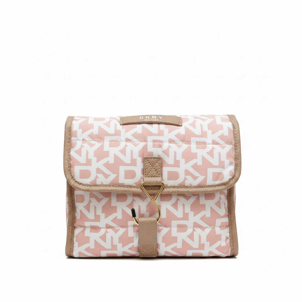 DKNY puffer roll cosmetic bag with a monogram print and tan -White light toffee