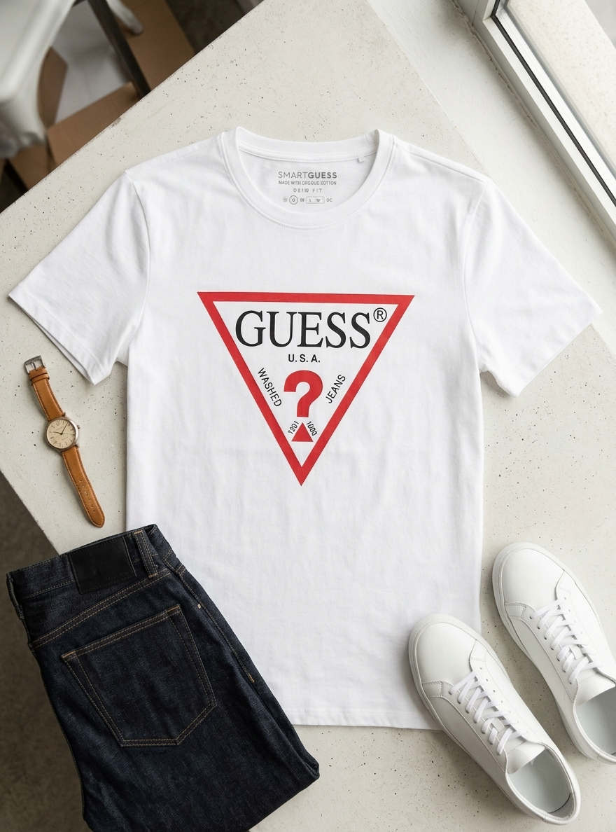 GUESS Signature White Crewneck T-Shirt (White)