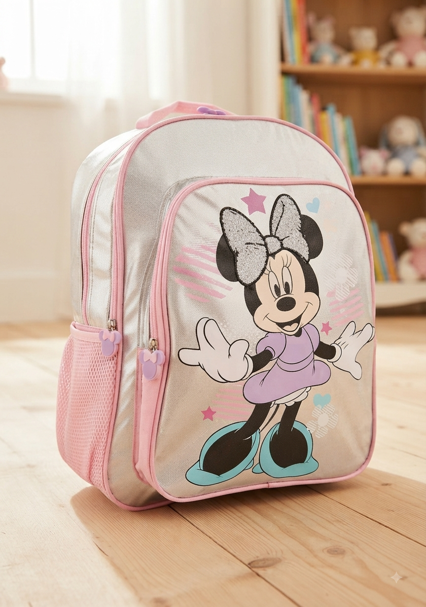 Girls Silver and Pink Minnie Mouse School Backpack 16"