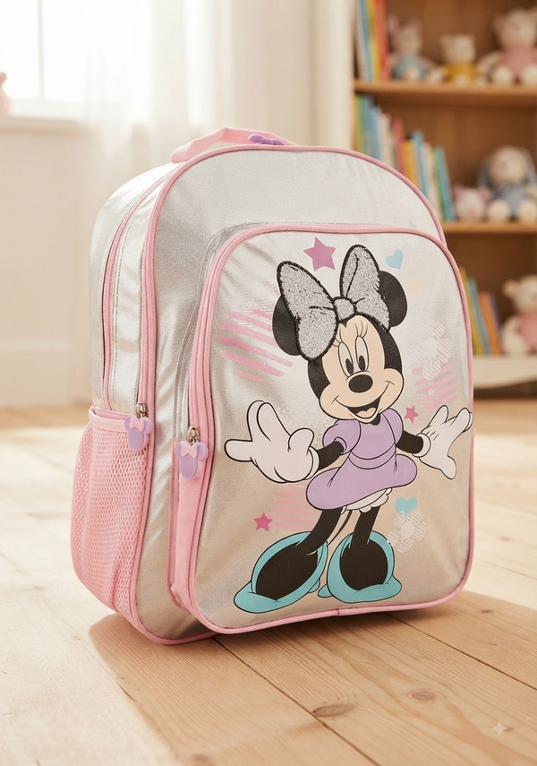 Girls Silver and Pink Minnie Mouse School Backpack 16"