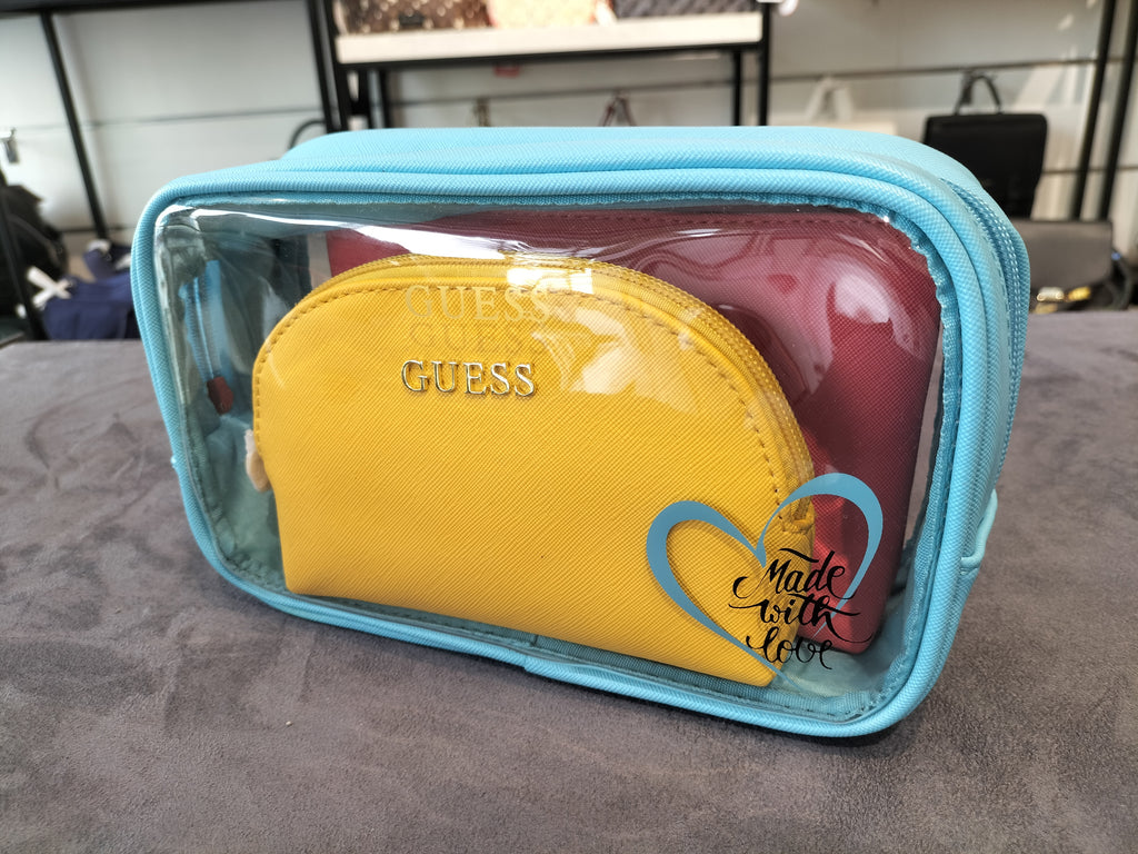 Guess 3-in-1 Cosmetic Bag set - Light Blue, Yellow, Coral
