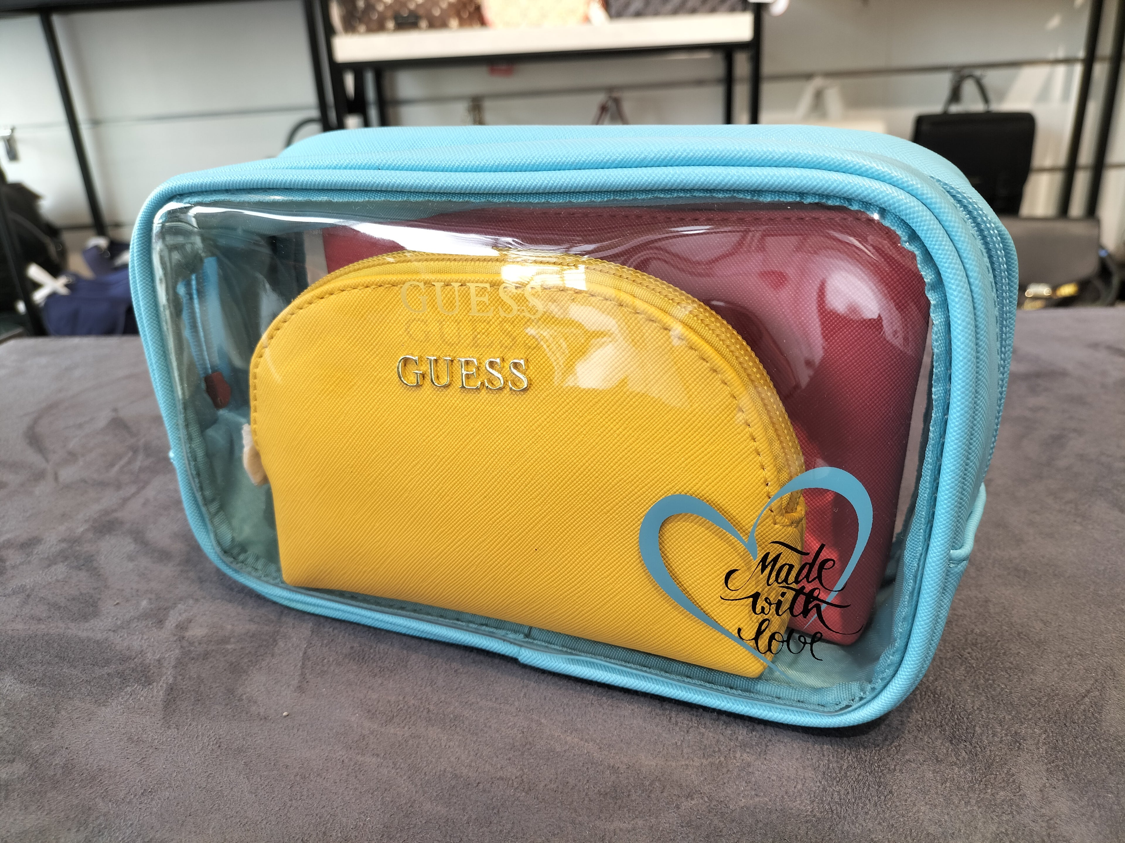 Guess 3-in-1 Cosmetic Bag set - Light Blue, Yellow, Coral