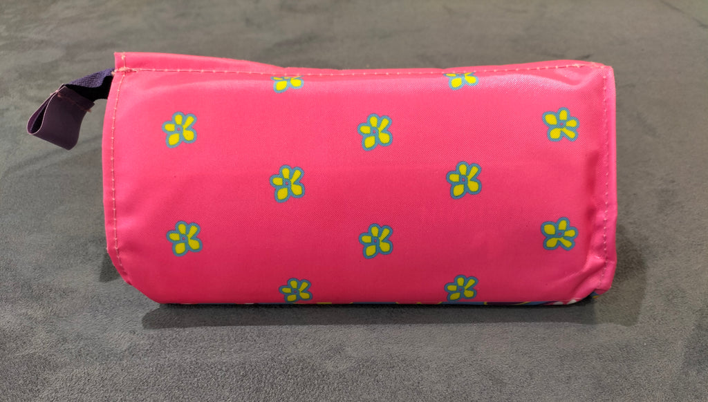 Zippered Pink and Light Blue Cosmetic Pouch with "Sixties" Text and Floral Patterns